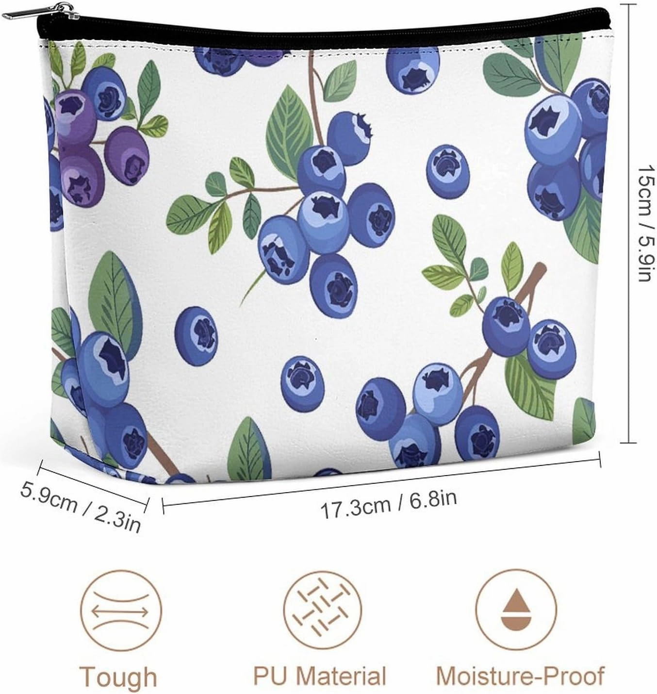 Portable Small Cosmetic Bag Cute Travel Makeup Bag Blueberries with Leaves Waterproof Toiletry Bag for Women
