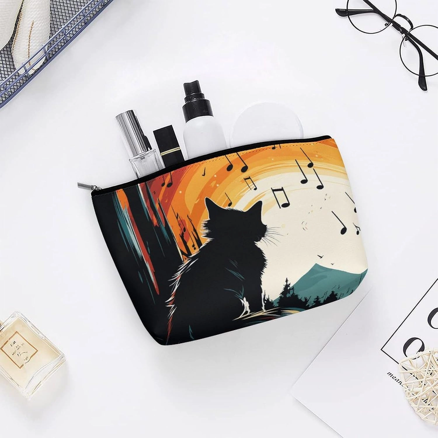 Portable Small Cosmetic Bag Cute Travel Makeup Bag Cat Silhouette Waterproof Toiletry Bag for Women
