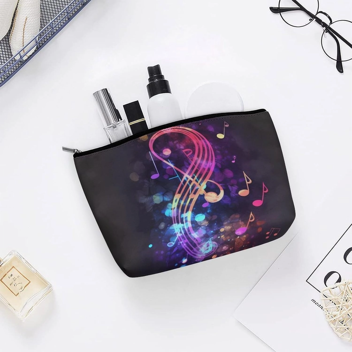 Portable Small Cosmetic Bag Cute Travel Makeup Bag Colorful Galaxy Music Note Waterproof Toiletry Bag for Women