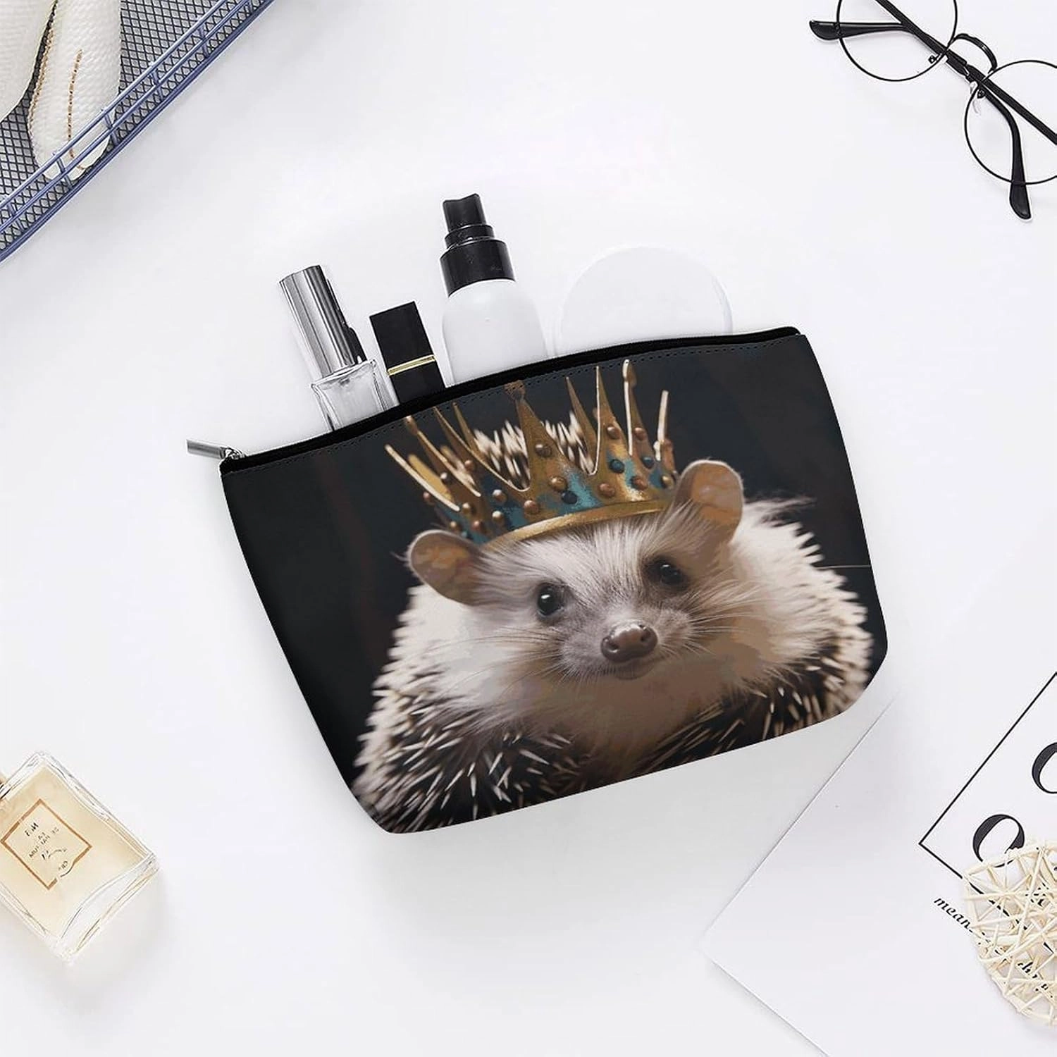 Portable Small Cosmetic Bag Cute Travel Makeup Bag Crown with Hedgehog Waterproof Toiletry Bag for Women