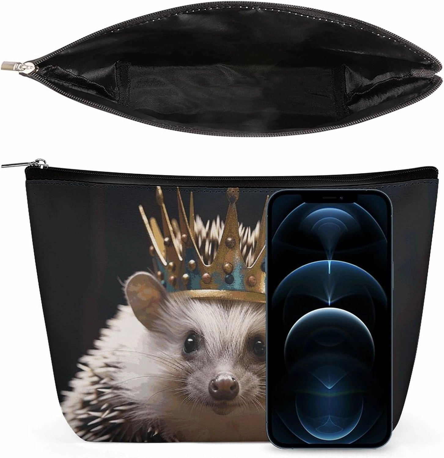 Portable Small Cosmetic Bag Cute Travel Makeup Bag Crown with Hedgehog Waterproof Toiletry Bag for Women