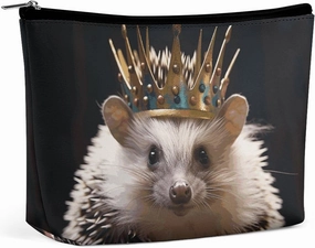 Portable Small Cosmetic Bag Cute Travel Makeup Bag Crown with Hedgehog Waterproof Toiletry Bag for Women