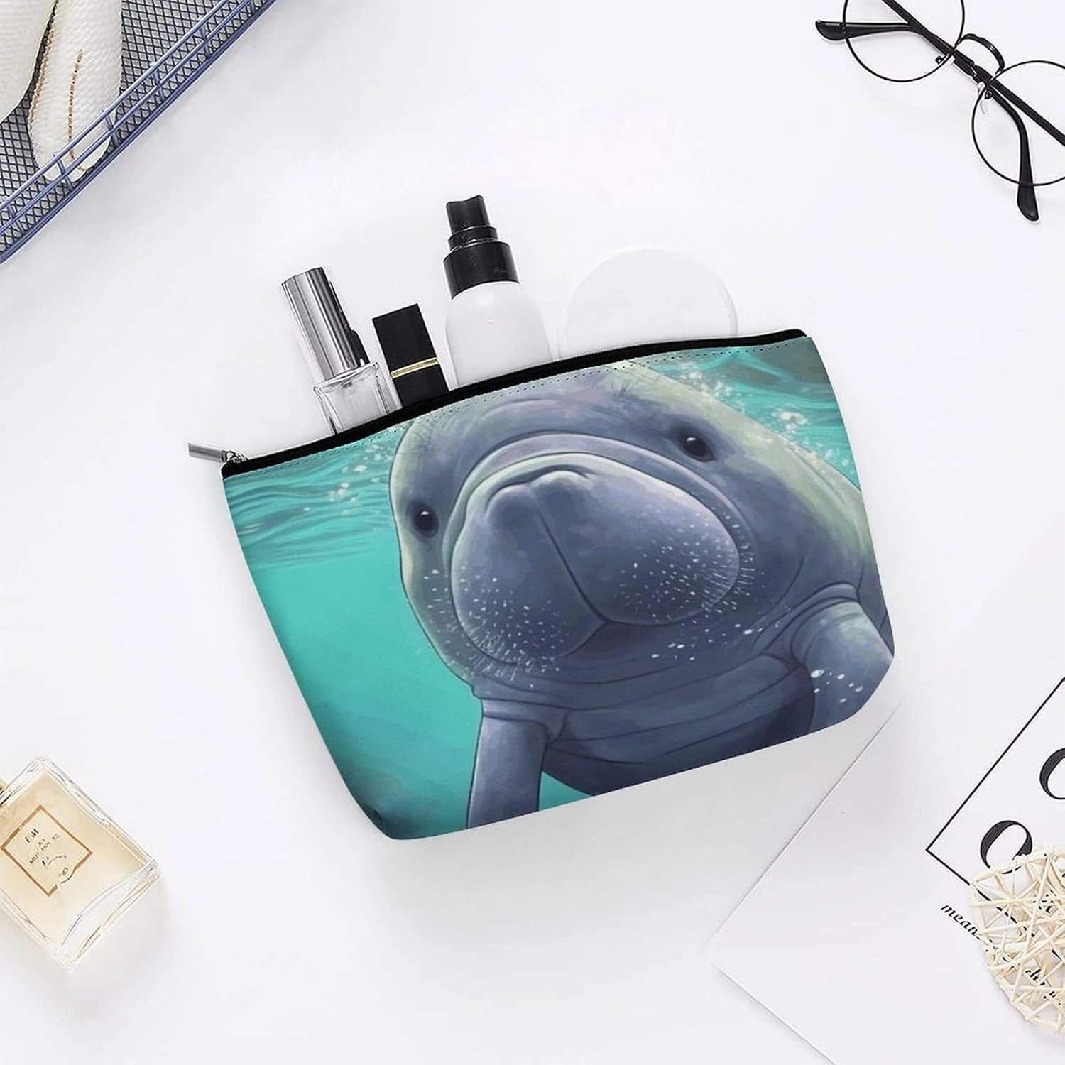 Portable Small Cosmetic Bag Cute Travel Makeup Bag Cute Sea Animal Manatee Waterproof Toiletry Bag for Women