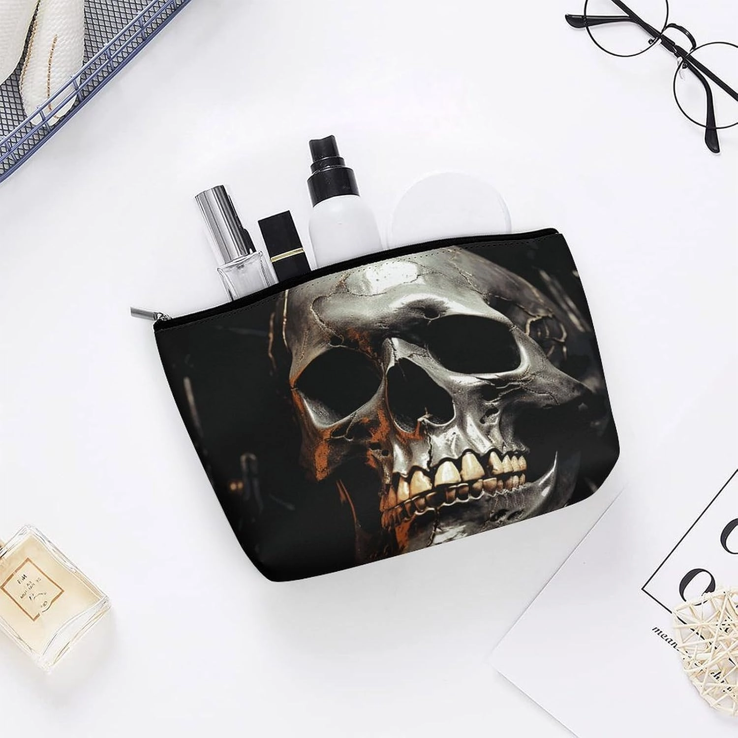 Portable Small Cosmetic Bag Cute Travel Makeup Bag Eerie Scary Skull Waterproof Toiletry Bag for Women
