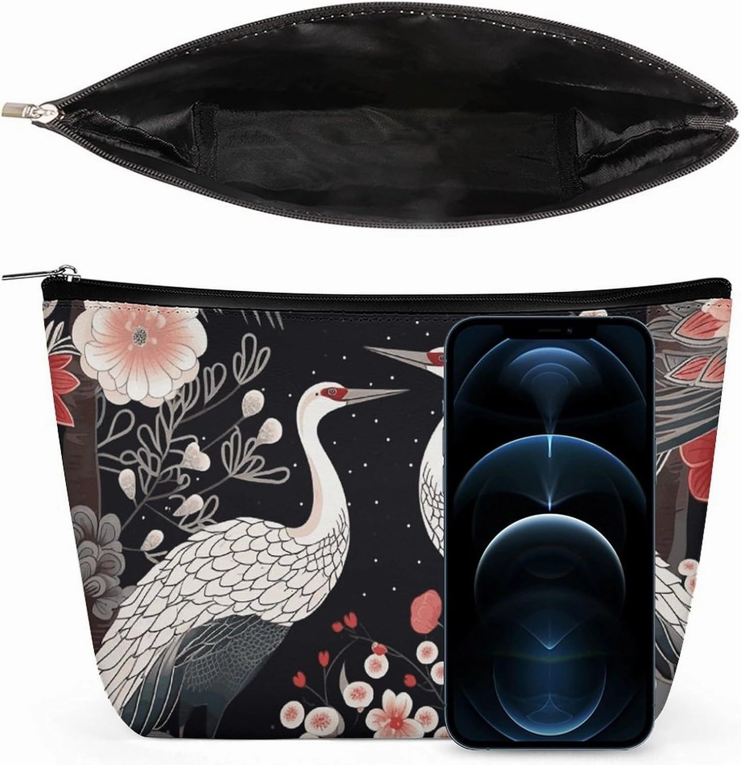 Portable Small Cosmetic Bag Cute Travel Makeup Bag Flying Birds Crane Heron Waterproof Toiletry Bag for Women