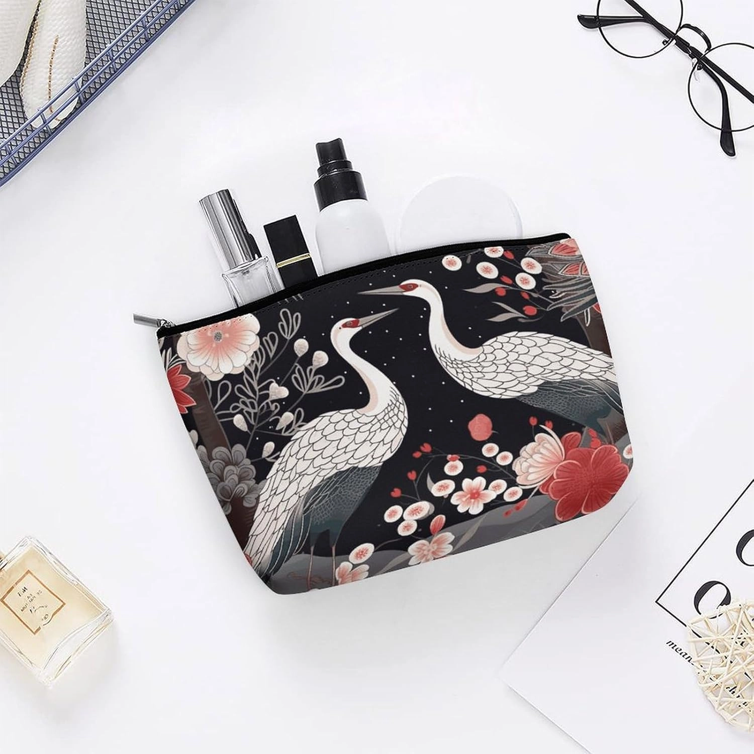 Portable Small Cosmetic Bag Cute Travel Makeup Bag Flying Birds Crane Heron Waterproof Toiletry Bag for Women