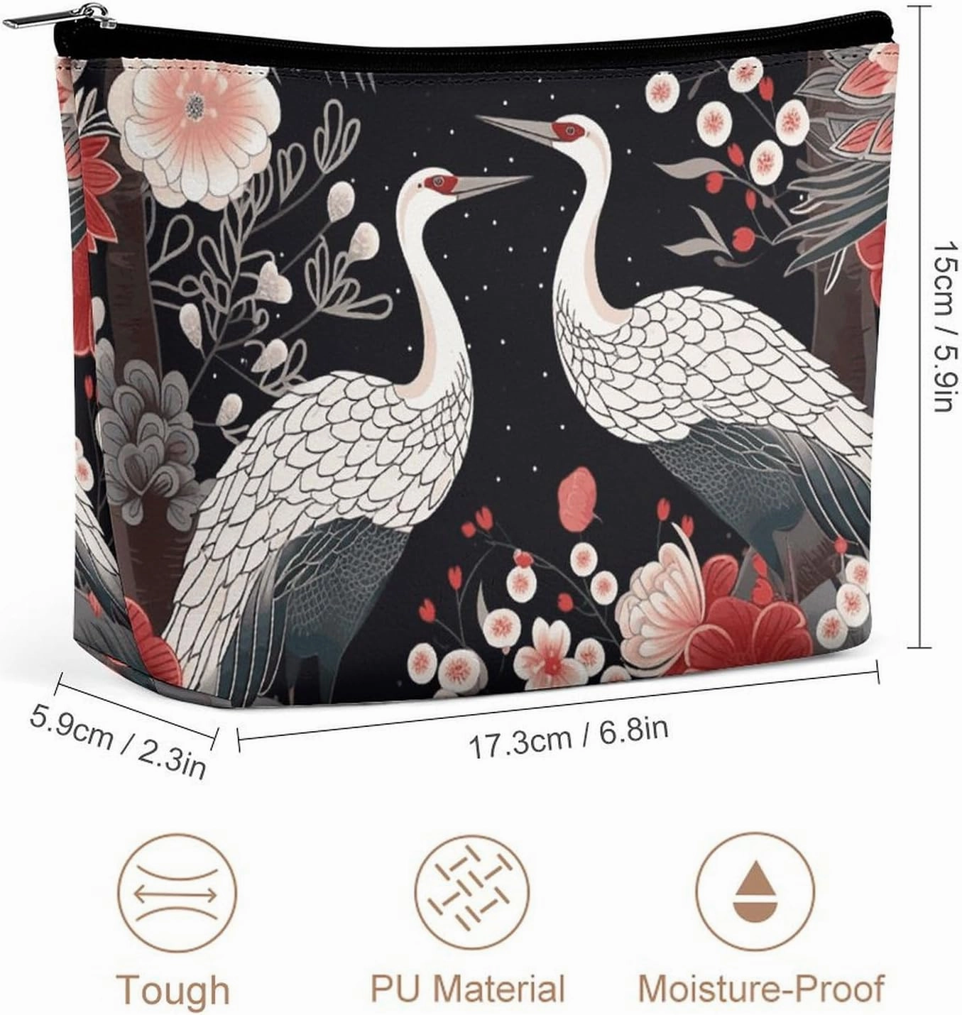 Portable Small Cosmetic Bag Cute Travel Makeup Bag Flying Birds Crane Heron Waterproof Toiletry Bag for Women