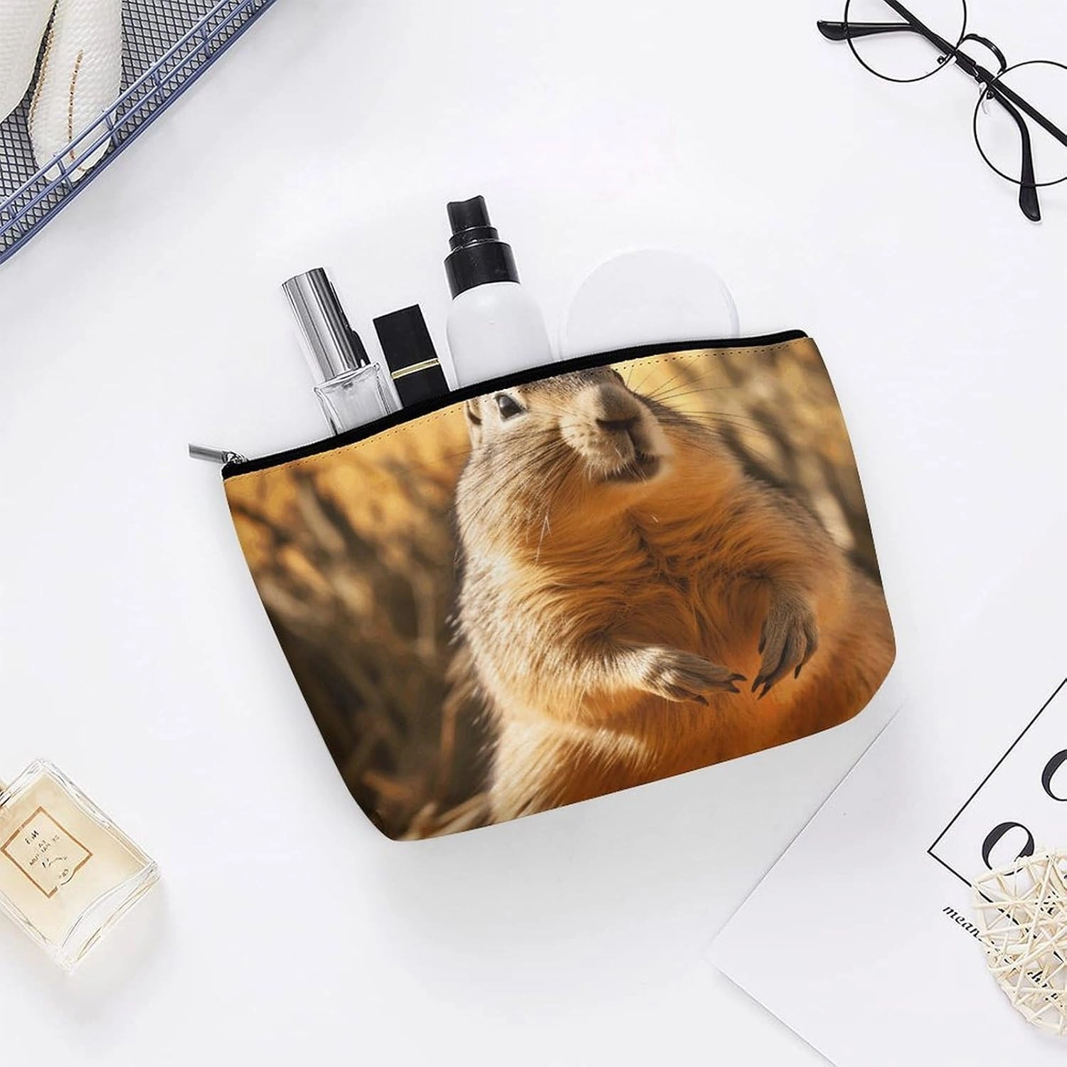 Portable Small Cosmetic Bag Cute Travel Makeup Bag Hand Drawn Groundhog Waterproof Toiletry Bag for Women