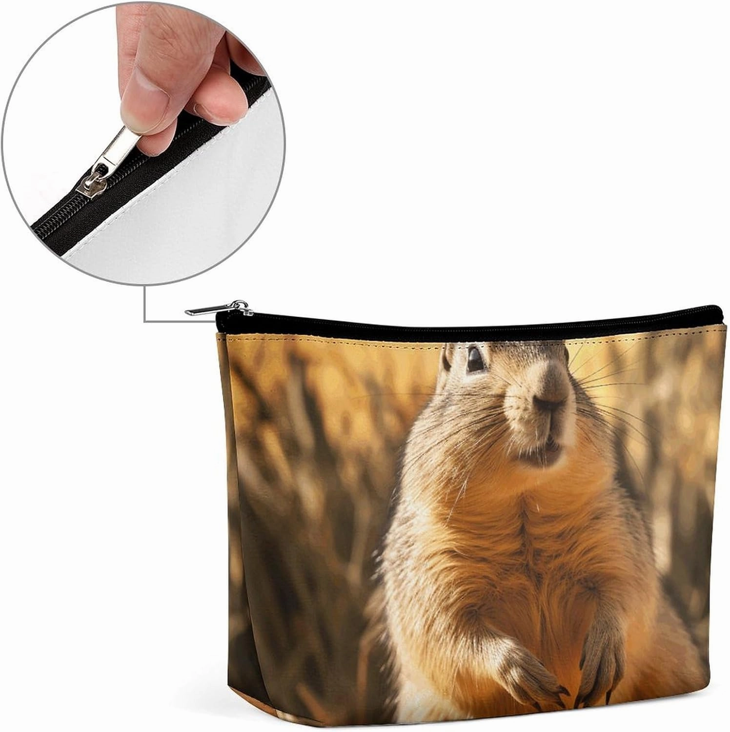 Portable Small Cosmetic Bag Cute Travel Makeup Bag Hand Drawn Groundhog Waterproof Toiletry Bag for Women