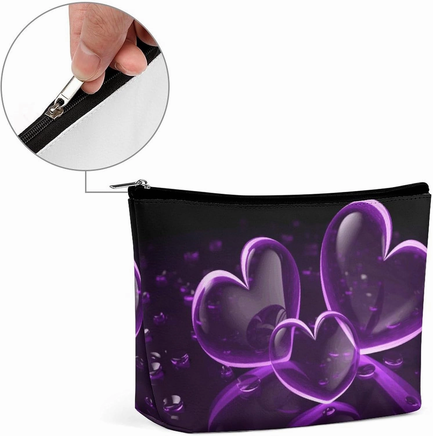 Portable Small Cosmetic Bag Cute Travel Makeup Bag Purple Hearts Waterproof Toiletry Bag for Women