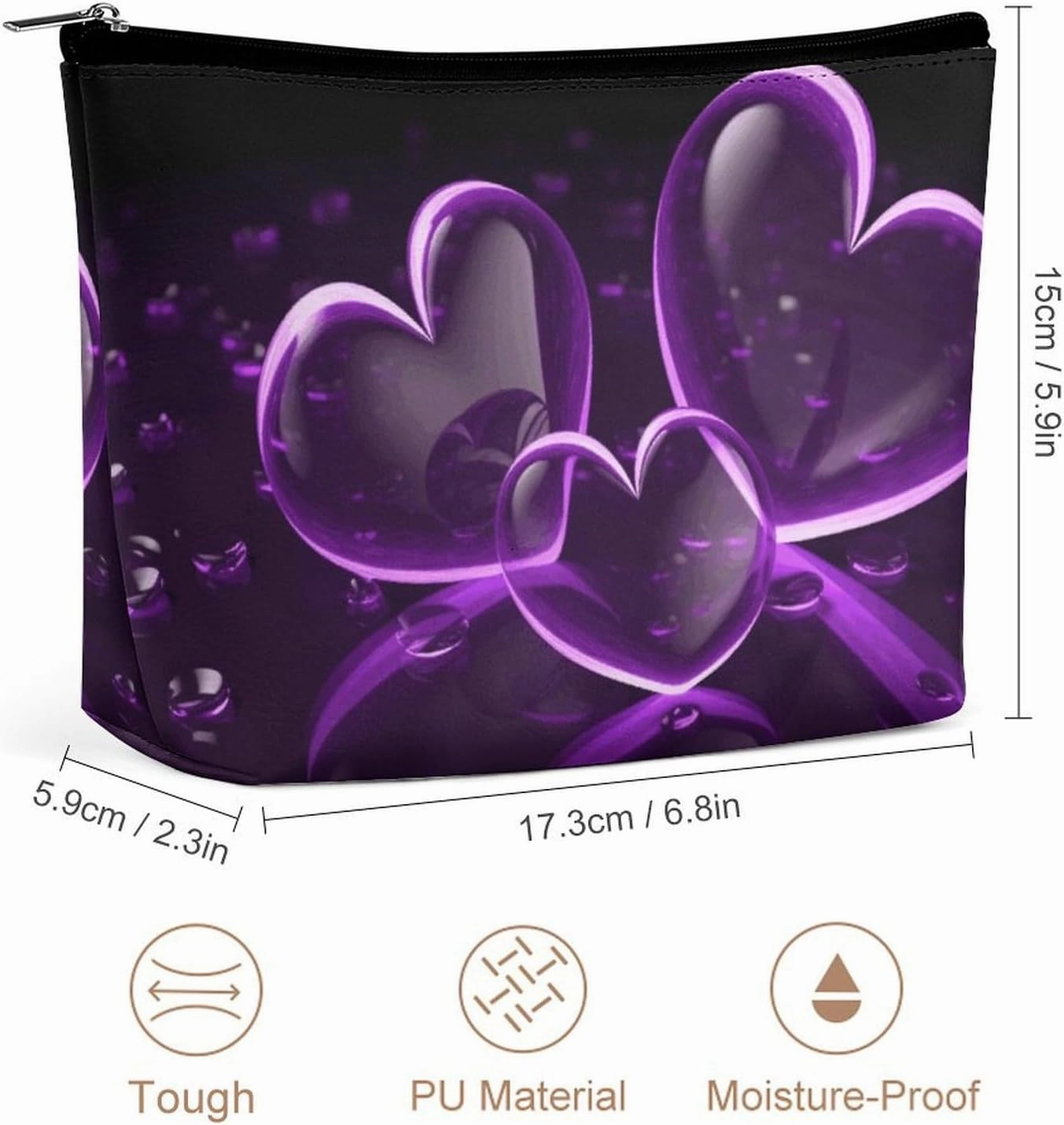 Portable Small Cosmetic Bag Cute Travel Makeup Bag Purple Hearts Waterproof Toiletry Bag for Women