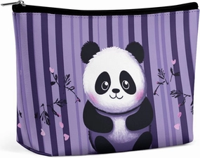 Portable Small Cosmetic Bag Cute Travel Makeup Bag Purple Striped Panda Waterproof Toiletry Bag for Women