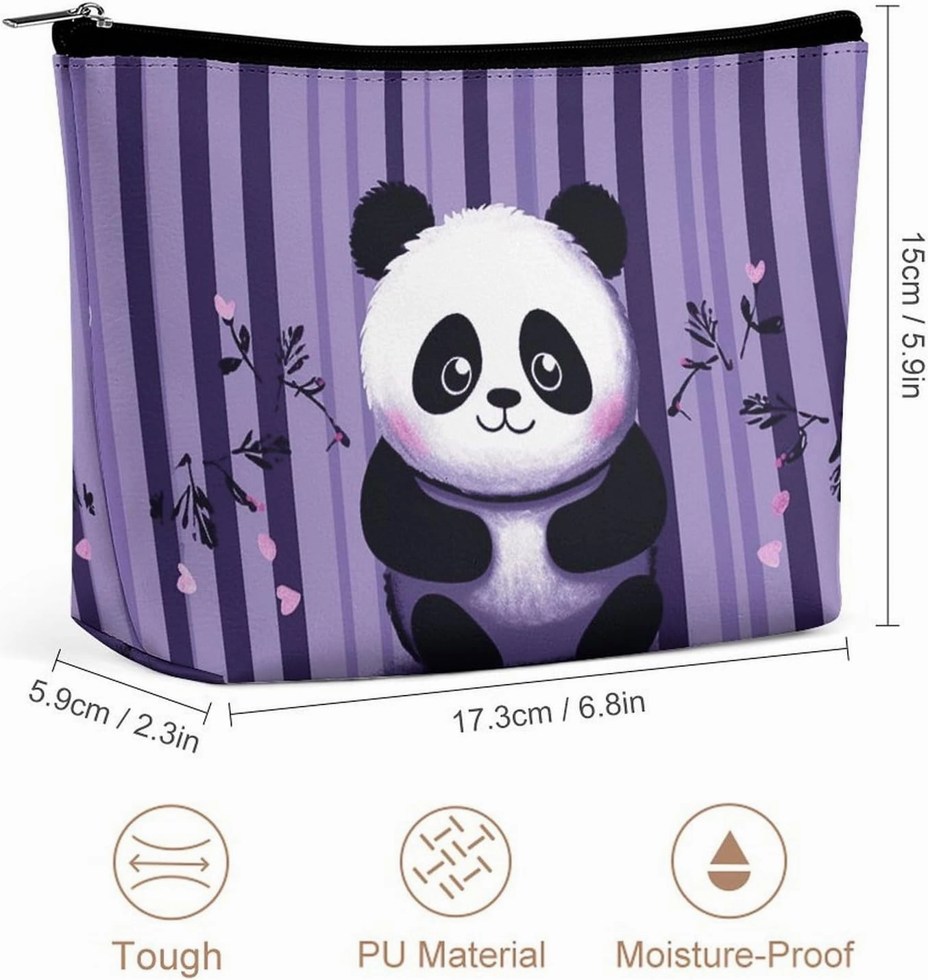 Portable Small Cosmetic Bag Cute Travel Makeup Bag Purple Striped Panda Waterproof Toiletry Bag for Women