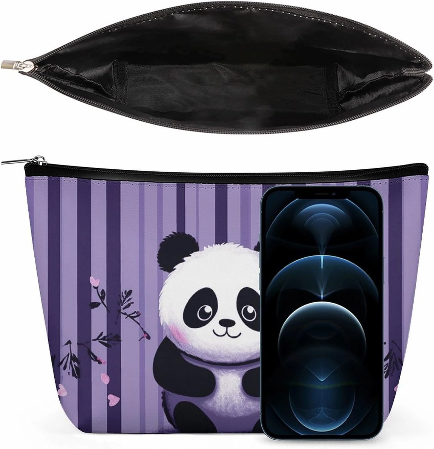 Portable Small Cosmetic Bag Cute Travel Makeup Bag Purple Striped Panda Waterproof Toiletry Bag for Women