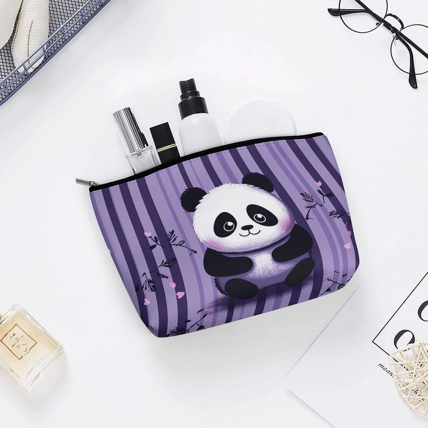 Portable Small Cosmetic Bag Cute Travel Makeup Bag Purple Striped Panda Waterproof Toiletry Bag for Women