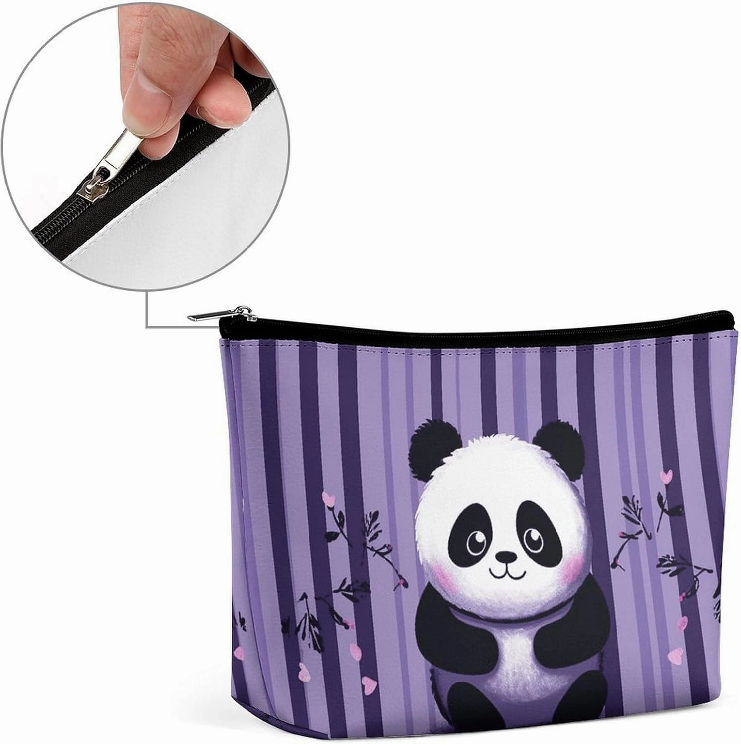 Portable Small Cosmetic Bag Cute Travel Makeup Bag Purple Striped Panda Waterproof Toiletry Bag for Women
