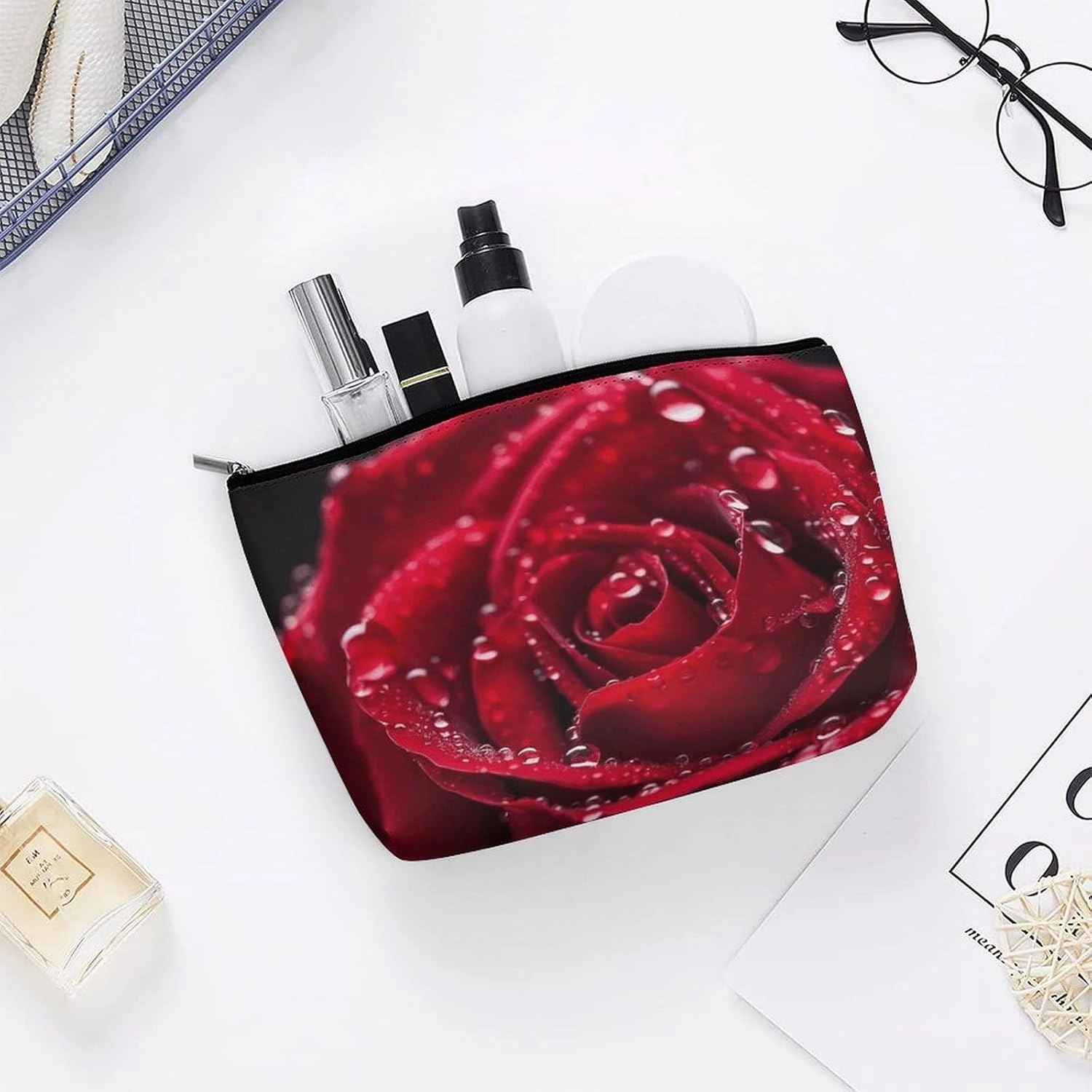 Portable Small Cosmetic Bag Cute Travel Makeup Bag Red Rose Waterproof Toiletry Bag for Women