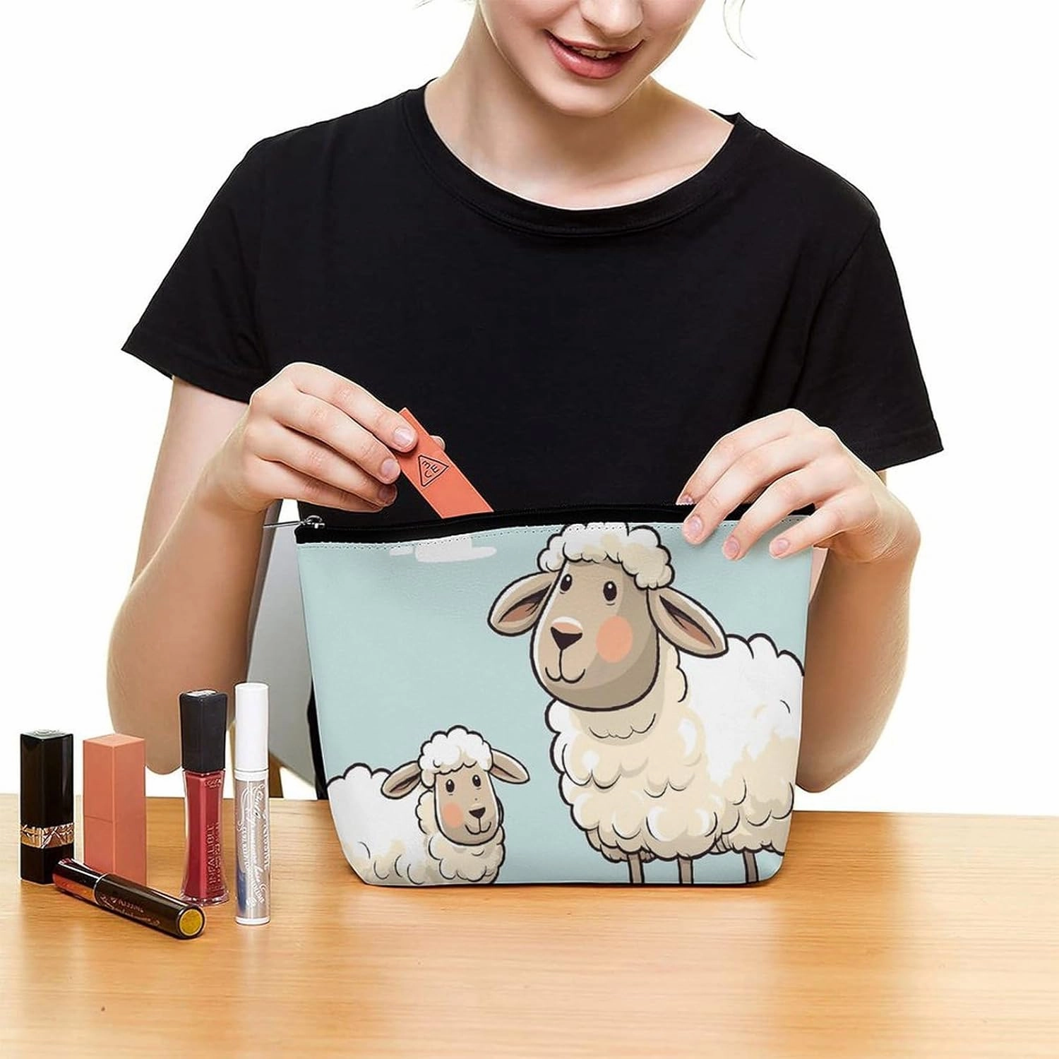 Portable Small Cosmetic Bag Cute Travel Makeup Bag Sheep And Lamb Cartoon Waterproof Toiletry Bag for Women