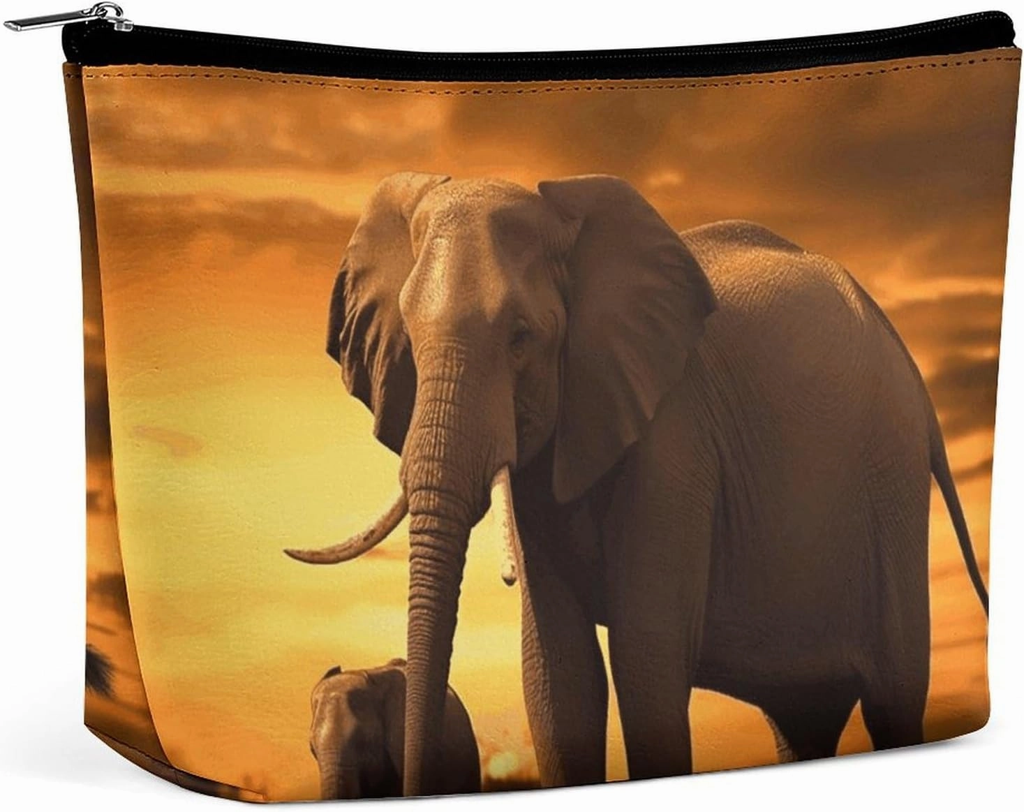 Portable Small Cosmetic Bag Cute Travel Makeup Bag Sunset Parent-Child Elephant Waterproof Toiletry Bag for Women