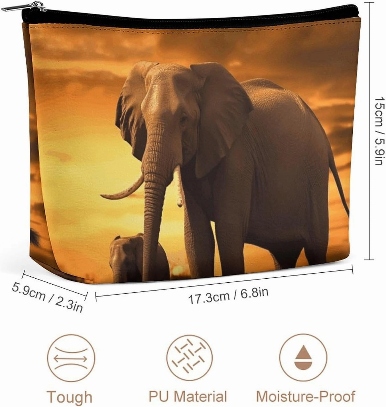 Portable Small Cosmetic Bag Cute Travel Makeup Bag Sunset Parent-Child Elephant Waterproof Toiletry Bag for Women