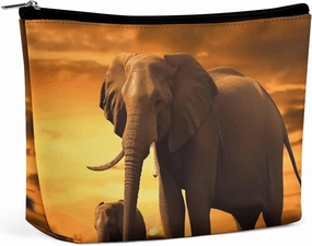Portable Small Cosmetic Bag Cute Travel Makeup Bag Sunset Parent-Child Elephant Waterproof Toiletry Bag for Women