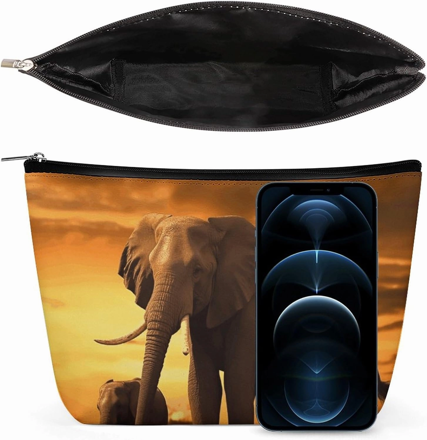Portable Small Cosmetic Bag Cute Travel Makeup Bag Sunset Parent-Child Elephant Waterproof Toiletry Bag for Women