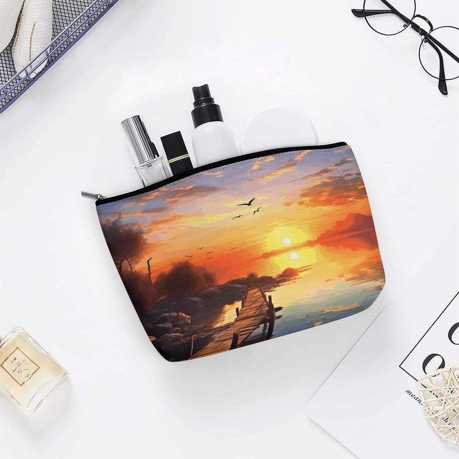 Portable Small Cosmetic Bag Cute Travel Makeup Bag Sunset Scenery Waterproof Toiletry Bag for Women