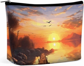 Portable Small Cosmetic Bag Cute Travel Makeup Bag Sunset Scenery Waterproof Toiletry Bag for Women