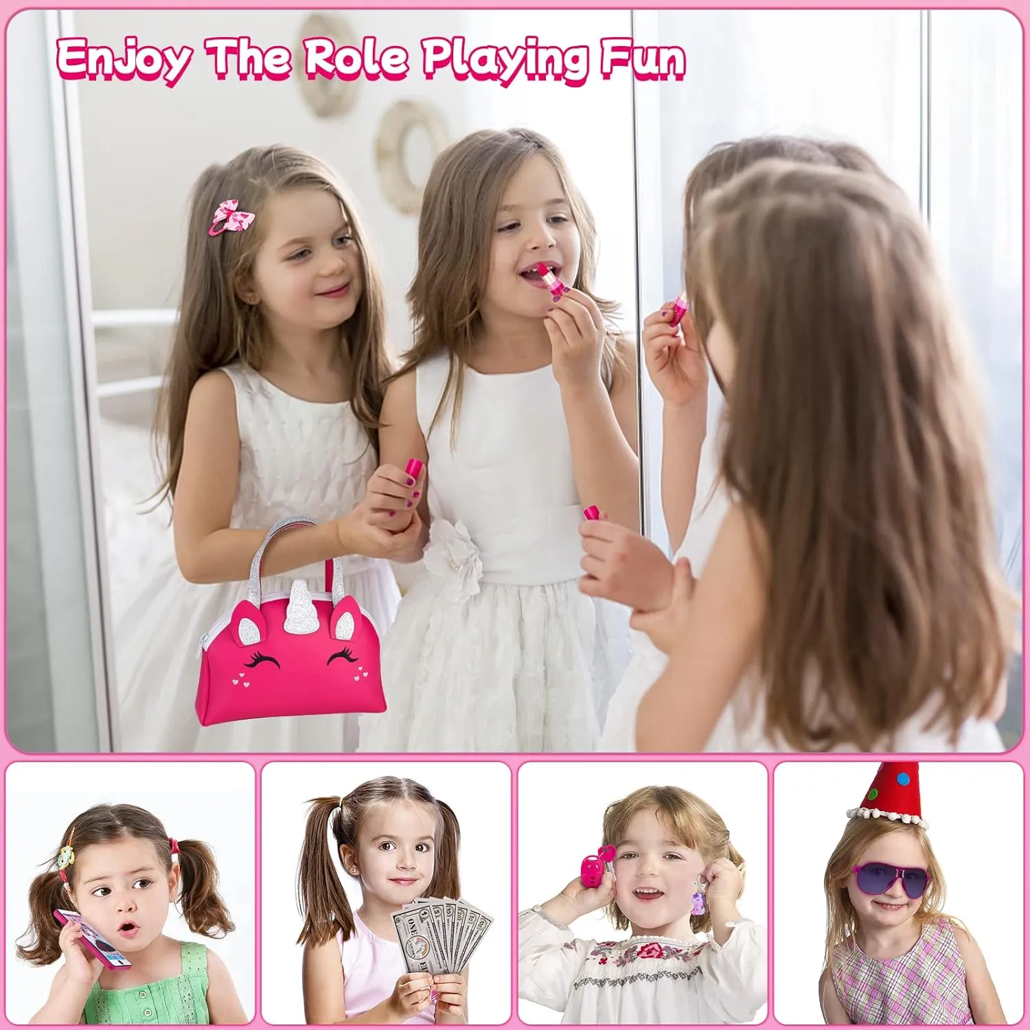 Pretend Makeup Kit for Girl,BTEC Fake Makeup for Kids,Red Play Make up Set for Little Girls Age 3  Birthday Gifts (30 Pack)