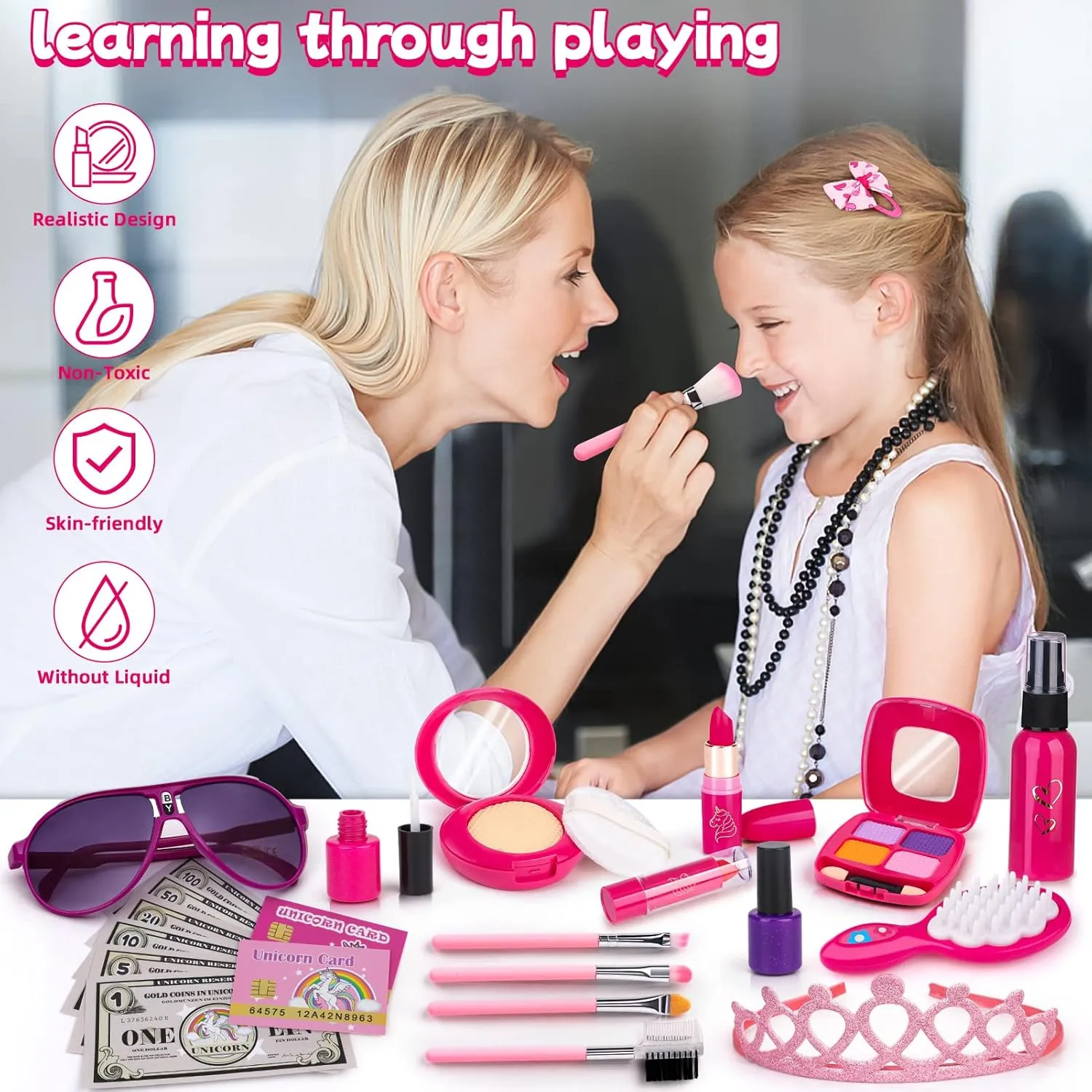 Pretend Makeup Kit for Girl,BTEC Fake Makeup for Kids,Red Play Make up Set for Little Girls Age 3  Birthday Gifts (30 Pack)