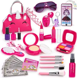 Pretend Makeup Kit for Girl,BTEC Fake Makeup for Kids,Red Play Make up Set for Little Girls Age 3  Birthday Gifts (30 Pack)