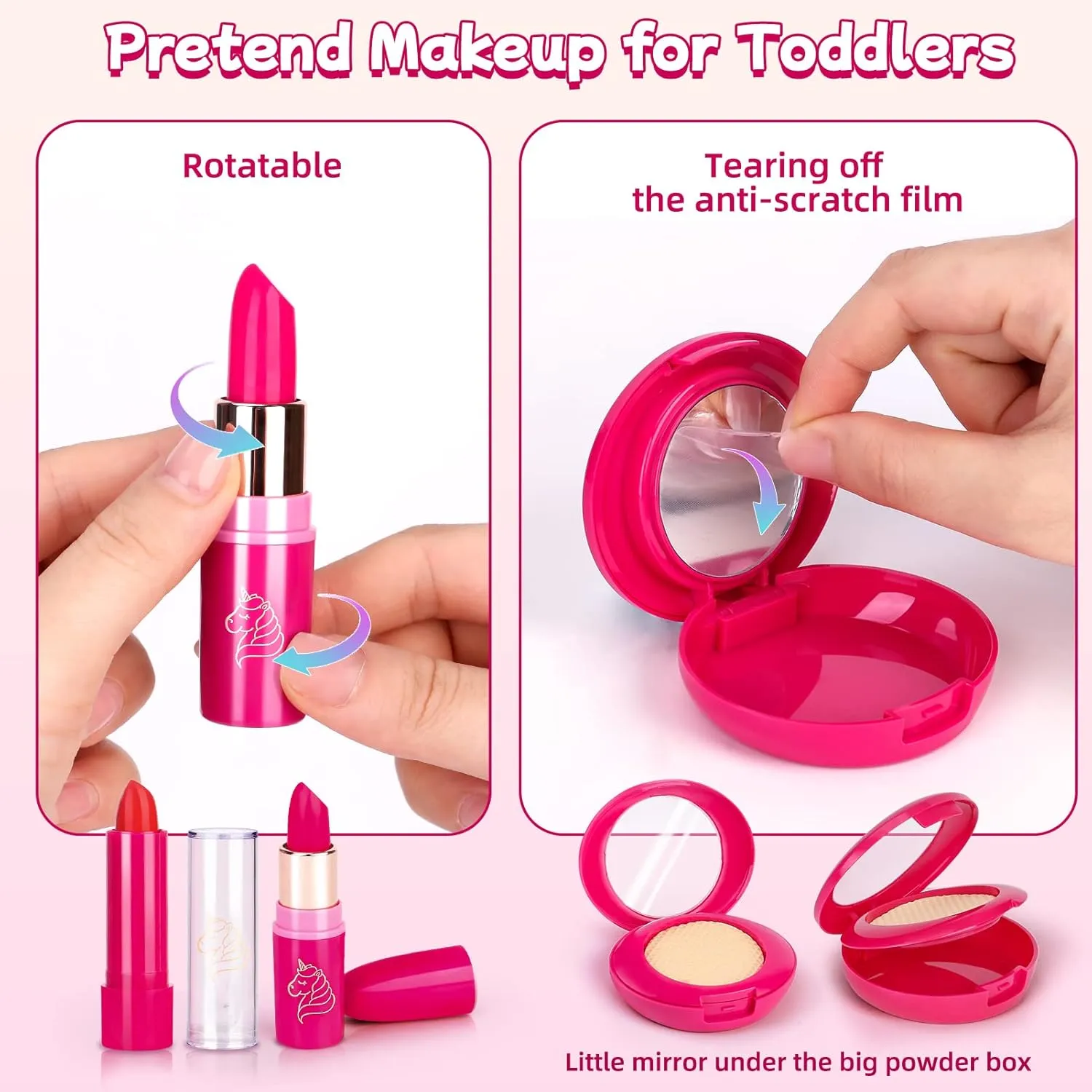 Pretend Makeup Kit for Girl,BTEC Fake Makeup for Kids,Red Play Make up Set for Little Girls Age 3  Birthday Gifts (30 Pack)