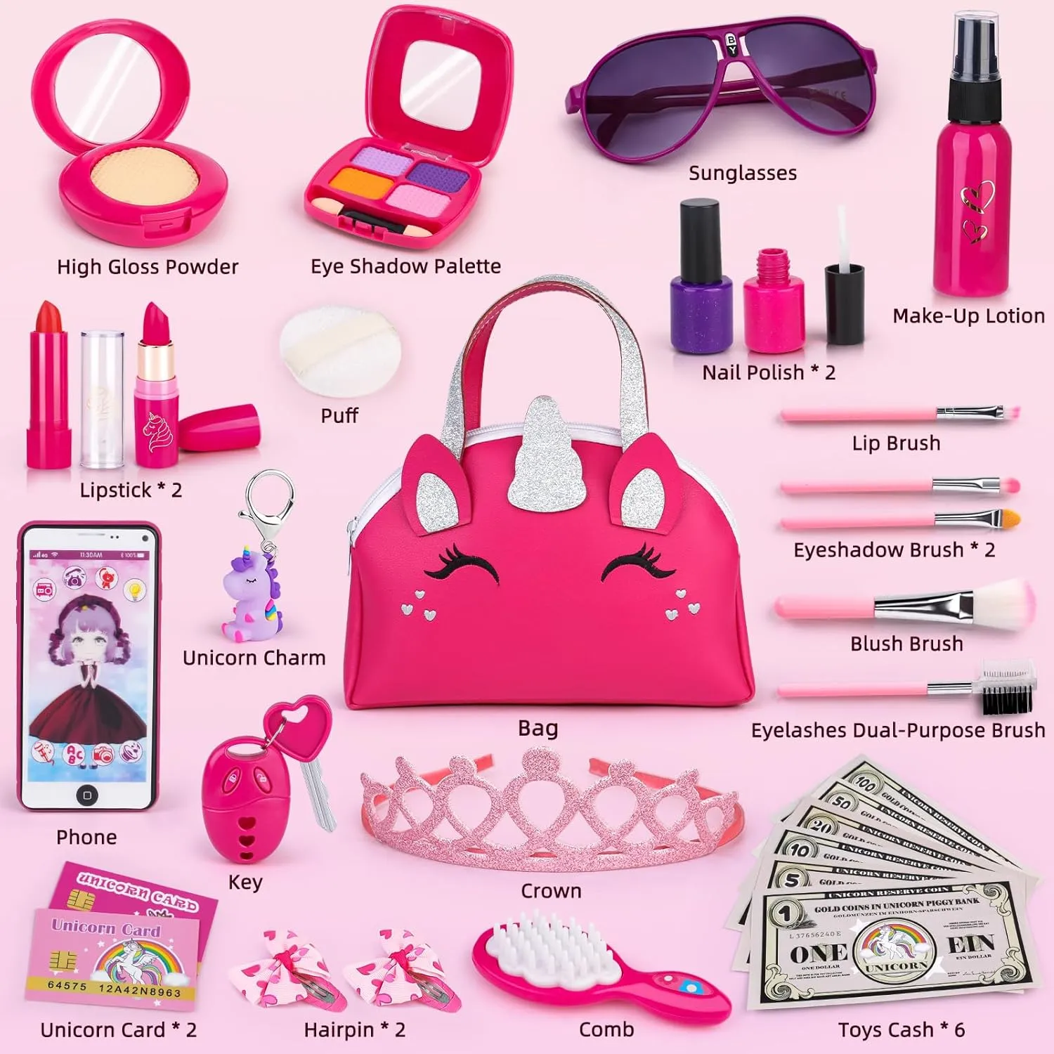 Pretend Makeup Kit for Girl,BTEC Fake Makeup for Kids,Red Play Make up Set for Little Girls Age 3  Birthday Gifts (30 Pack)