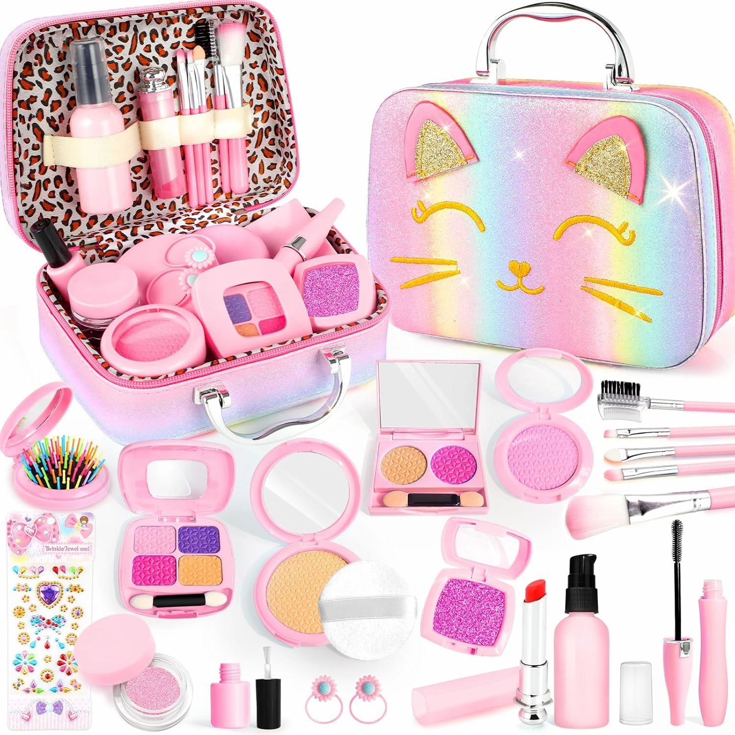 Pretend Makeup for Toddlers, Toy Play Makeup Set for Kids 3-5, Toddler Makeup Kit Pretend, Cat Toys for Kids Fake Makeup, Birthday Gifts Toys for 3 4 5 6 7 8  Year Old Girls (Not Real Makeup)