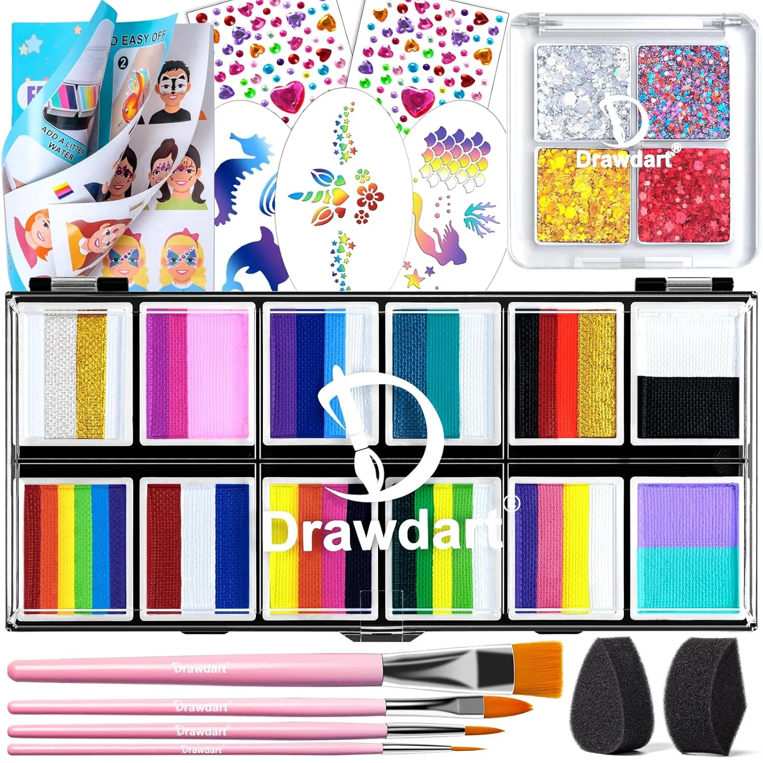 Professional Face Painting Kit for Kids Adults, Rainbow Split Cake Face Paint Palette 12 x 10gm  4 Colors Pro Pressed Glitter Eyeshadow Palette, with Brushes Sponges Gems Stencils
