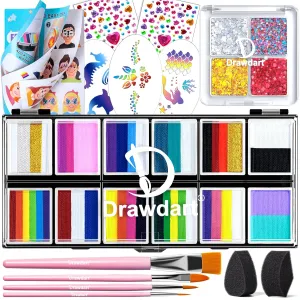 Professional Face Painting Kit for Kids Adults, Rainbow Split Cake Face Paint Palette 12 x 10gm  4 Colors Pro Pressed Glitter Eyeshadow Palette, with Brushes Sponges Gems Stencils
