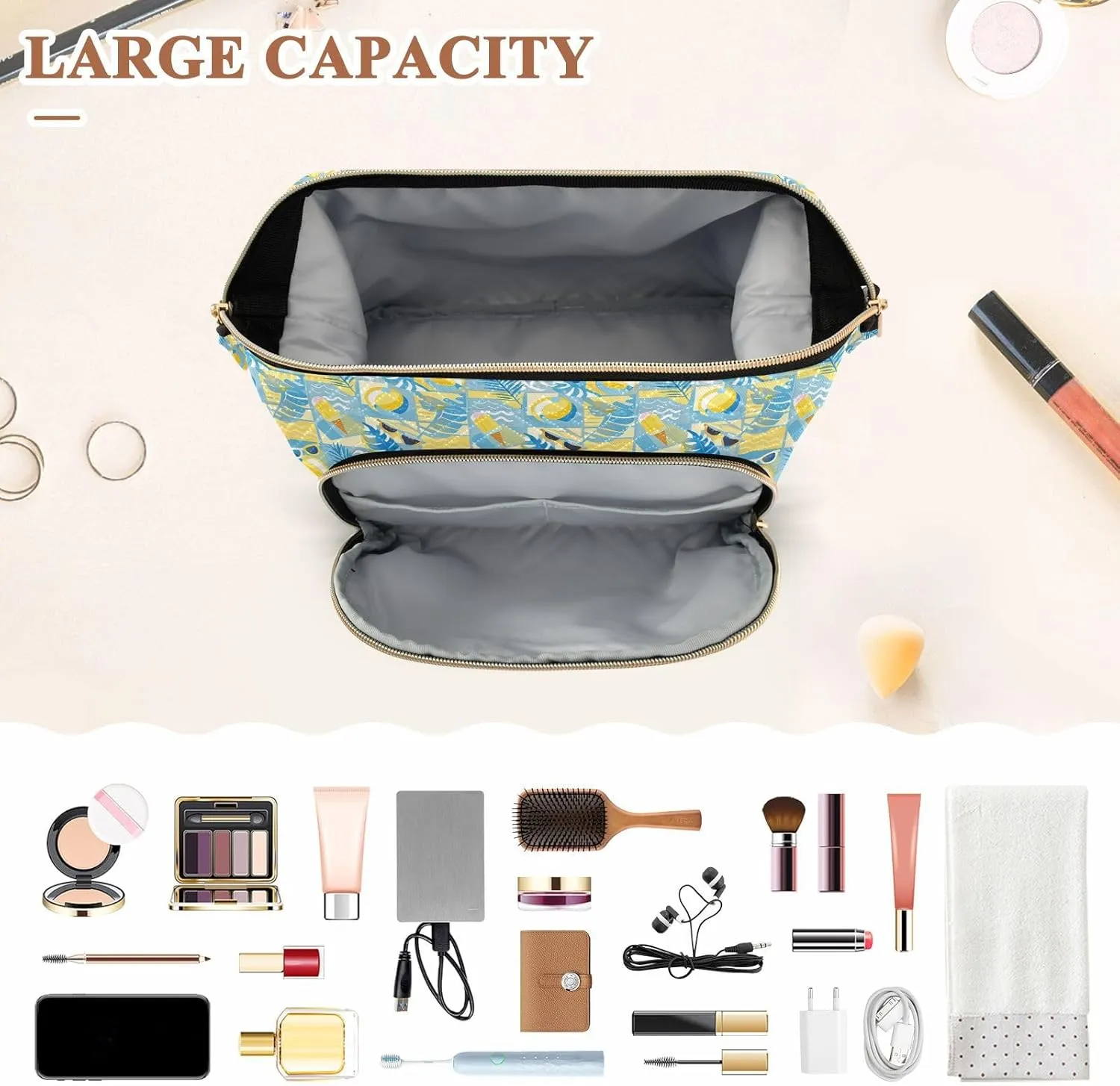 Quilted Makeup Organizer Spacious Travel Bag with Puffy Padded Design for Women