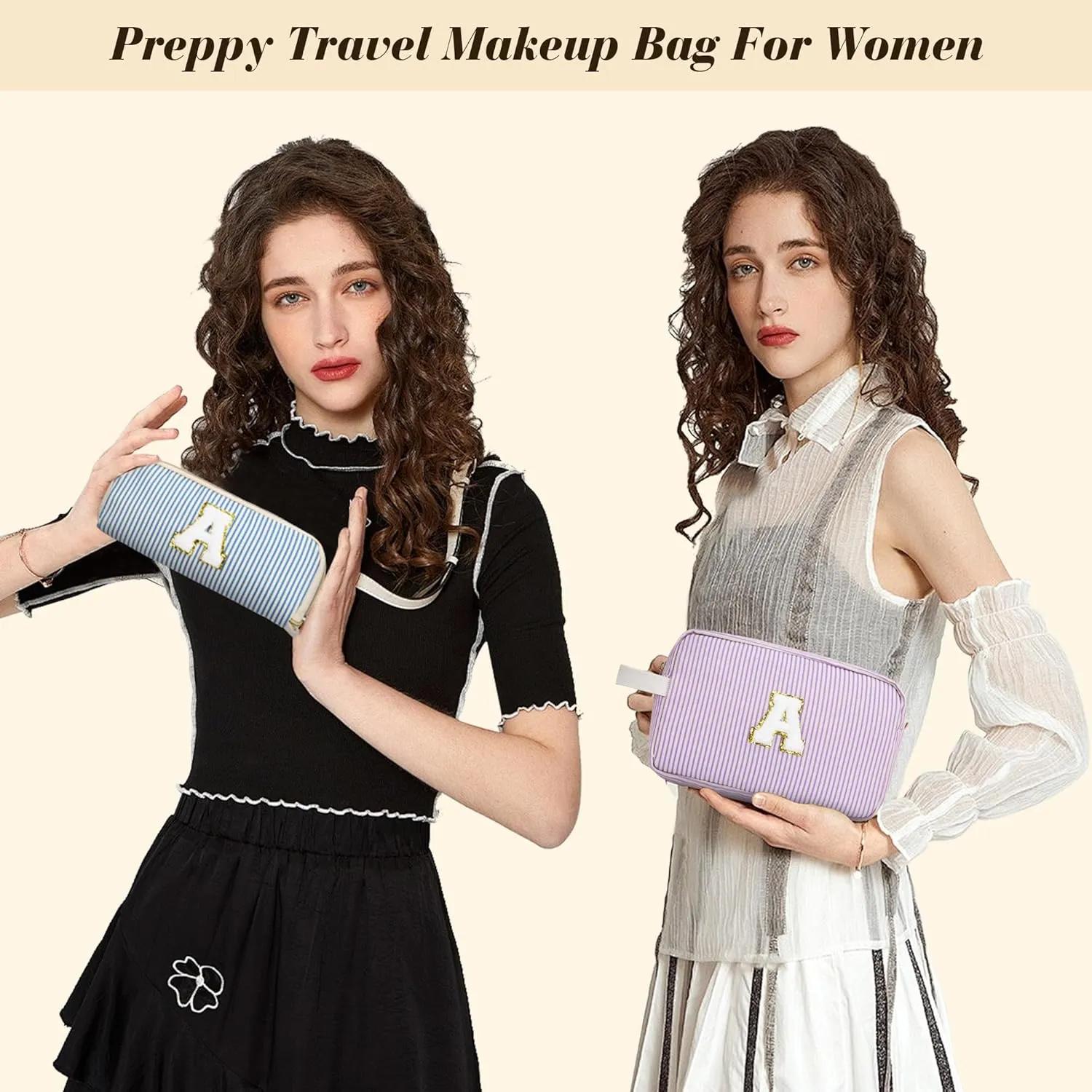 Travel Makeup Bag Gift for Women Girl Teens Preppy Stuff Cosmetic Bag Set, Cute Make Up Bag With Handle Personalized Initial Makeup Pouch Skin Care with Makeup Brush Bag Letter S(Purple&White Stripes)