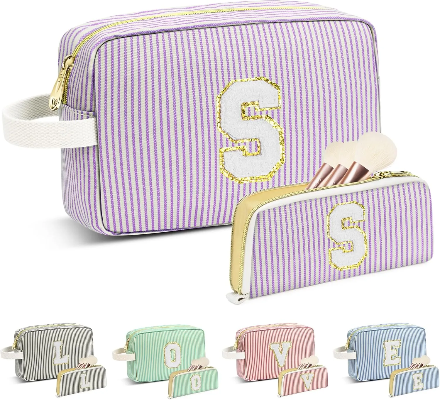 Travel Makeup Bag Gift for Women Girl Teens Preppy Stuff Cosmetic Bag Set, Cute Make Up Bag With Handle Personalized Initial Makeup Pouch Skin Care with Makeup Brush Bag Letter S(Purple&White Stripes)
