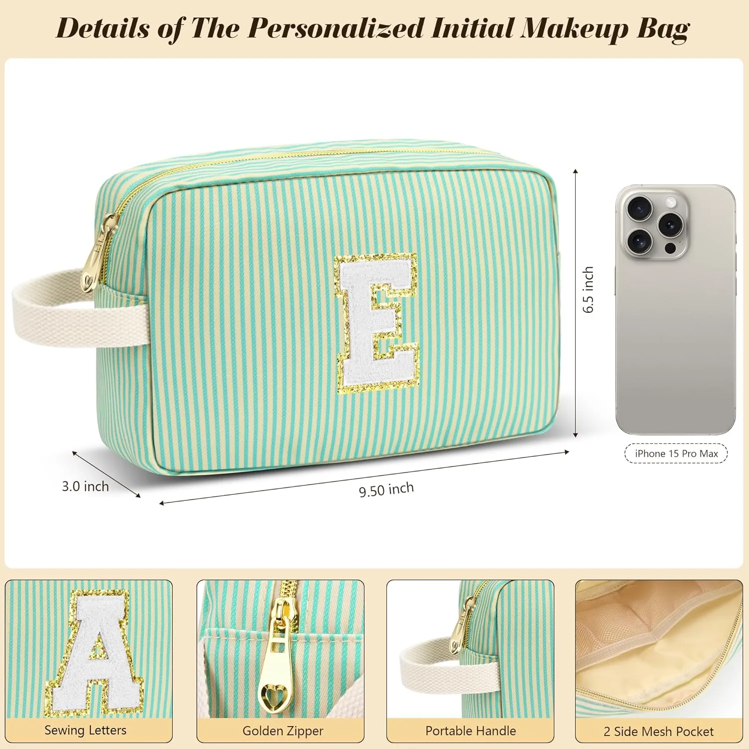 Travel Makeup Bag Gift for Women Girl Teens Preppy Stuff Cosmetic Bag Set, Cute Make Up Bag With Handle Personalized Initial Makeup Pouch Skin Care with Makeup Brush Bag Letter S(Purple&White Stripes)