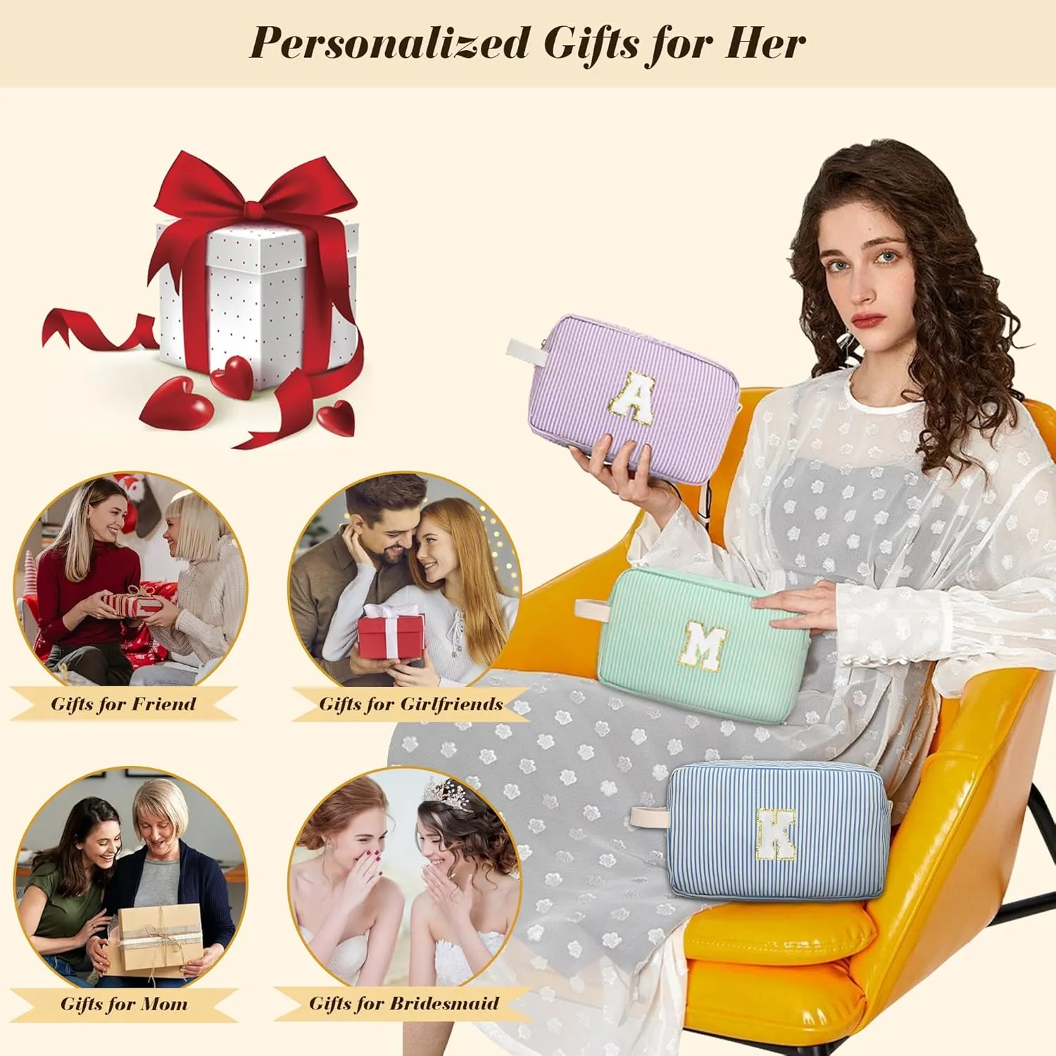 Travel Makeup Bag Gift for Women Girl Teens Preppy Stuff Cosmetic Bag Set, Cute Make Up Bag With Handle Personalized Initial Makeup Pouch Skin Care with Makeup Brush Bag Letter S(Purple&White Stripes)