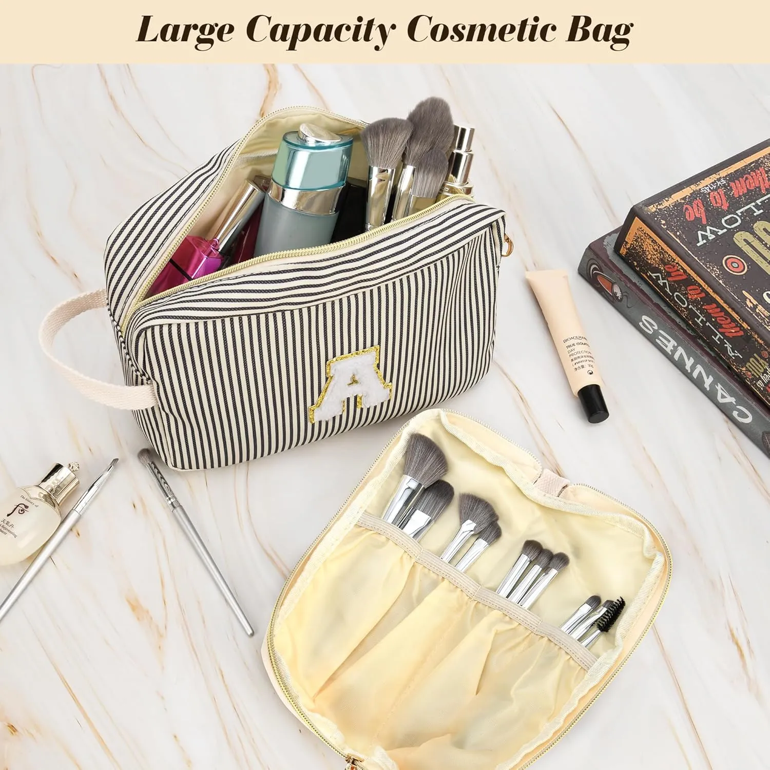 Travel Makeup Bag Gift for Women Girl Teens Preppy Stuff Cosmetic Bag Set, Cute Make Up Bag With Handle Personalized Initial Makeup Pouch Skin Care with Makeup Brush Bag Letter S(Purple&White Stripes)