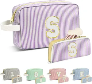 Travel Makeup Bag Gift for Women Girl Teens Preppy Stuff Cosmetic Bag Set, Cute Make Up Bag With Handle Personalized Initial Makeup Pouch Skin Care with Makeup Brush Bag Letter S(Purple&White Stripes)