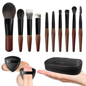 Travel Makeup Brush Set with Case, Mini Makeup Brushes Set for Powder, Foundation, Eyeshadow, Lip, Highlight, Blush & Concealer, 10 Pcs Travel Size Makeup Brushes & 2Pcs Triangle Powder Puff