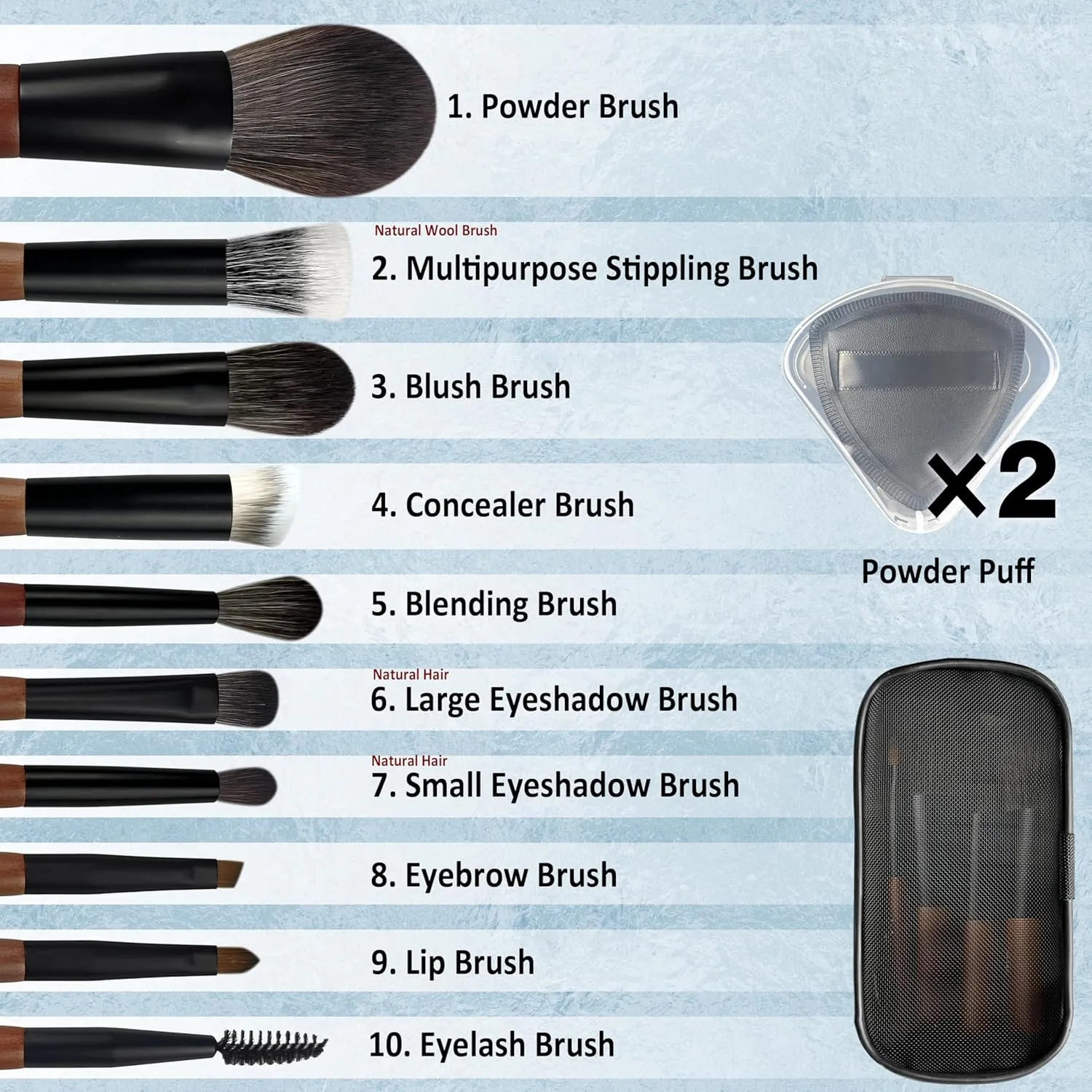 Travel Makeup Brush Set with Case, Mini Makeup Brushes Set for Powder, Foundation, Eyeshadow, Lip, Highlight, Blush & Concealer, 10 Pcs Travel Size Makeup Brushes & 2Pcs Triangle Powder Puff