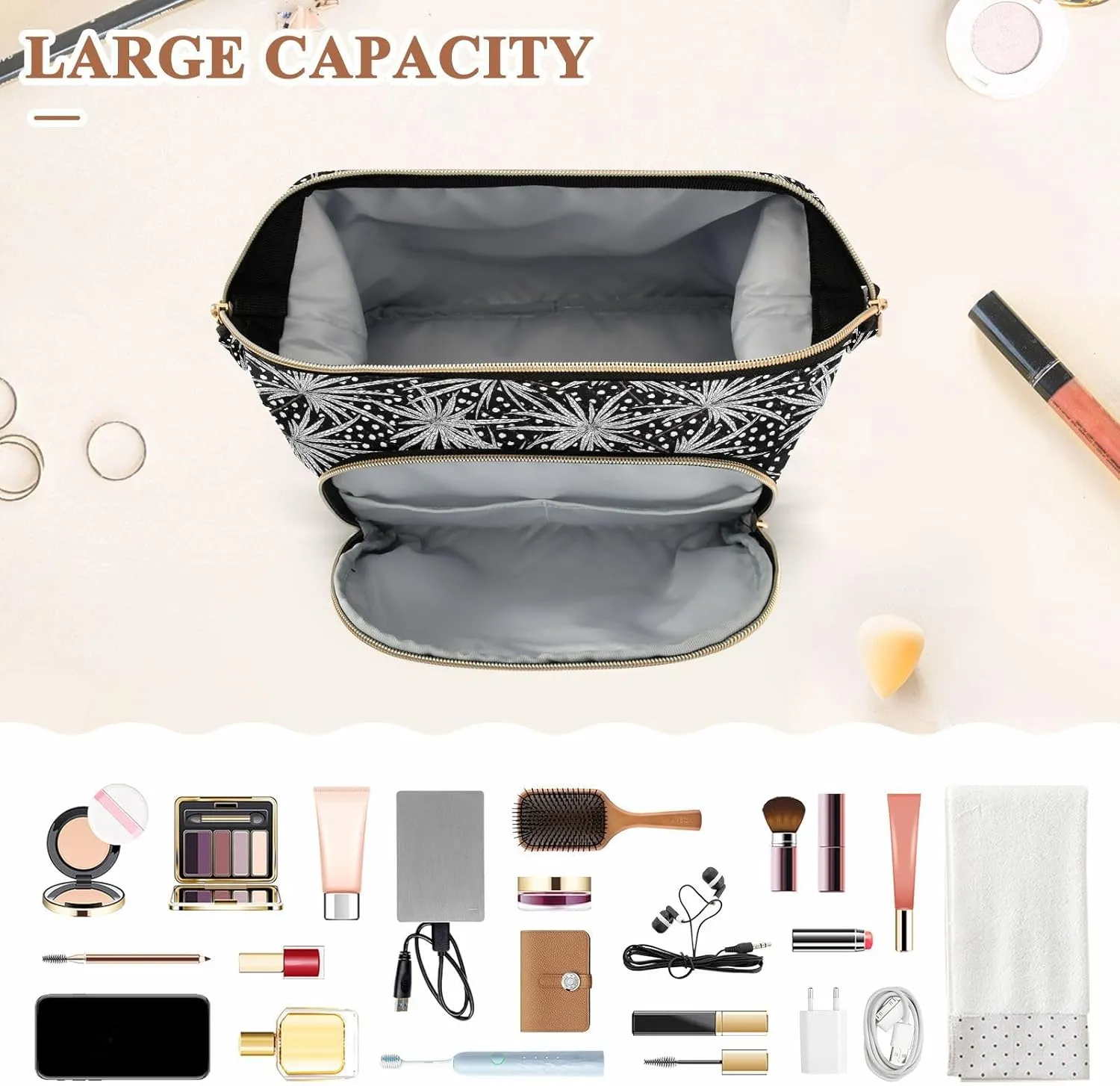 Travel Quilted Makeup Bag Toiletry Organizer Pouch Storage Make Up Bag Large Quilted Cosmetic Bag Wide Open T1