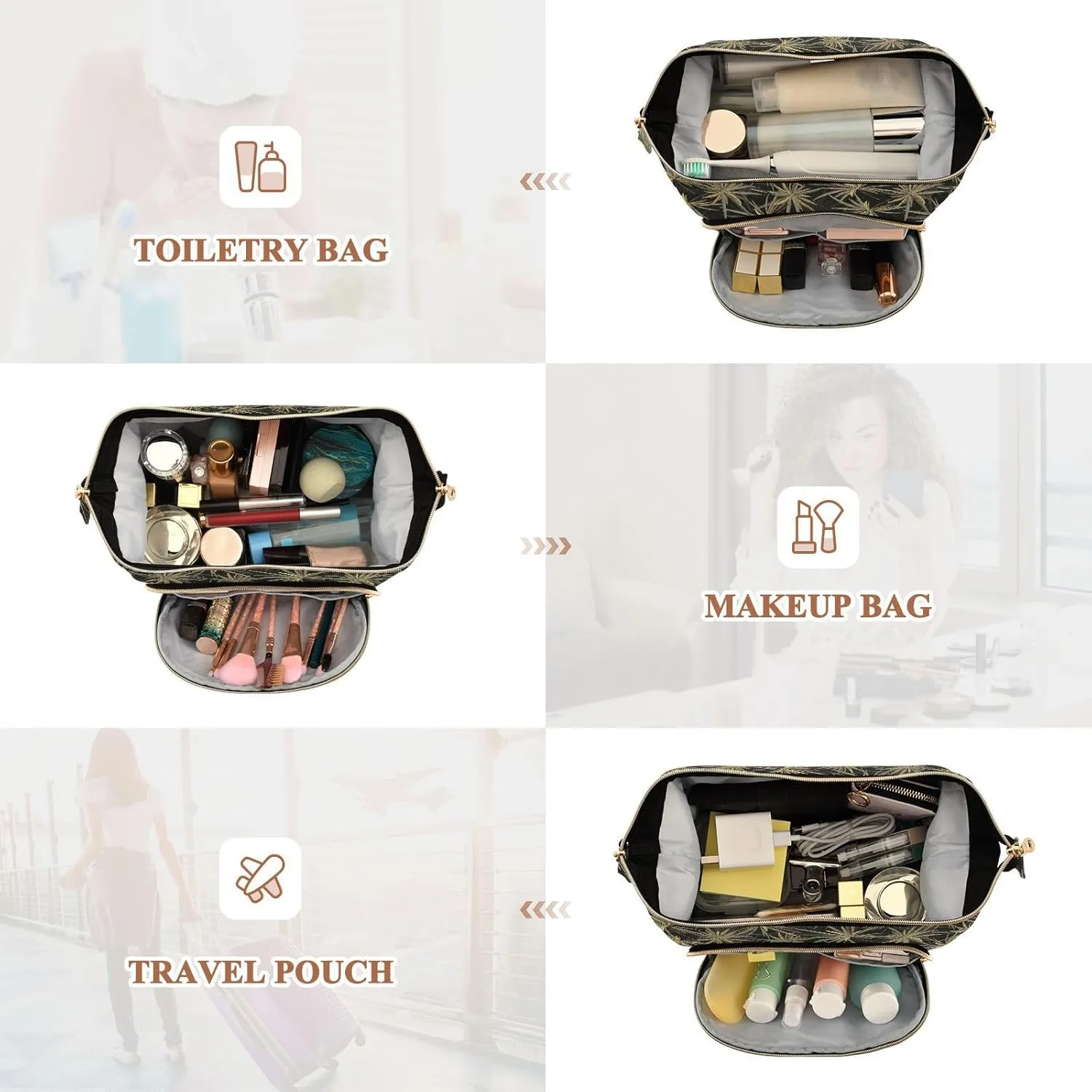Travel Quilted Makeup Bag Toiletry Organizer Pouch Storage Make Up Bag Large Quilted Cosmetic Bag Wide Open T1