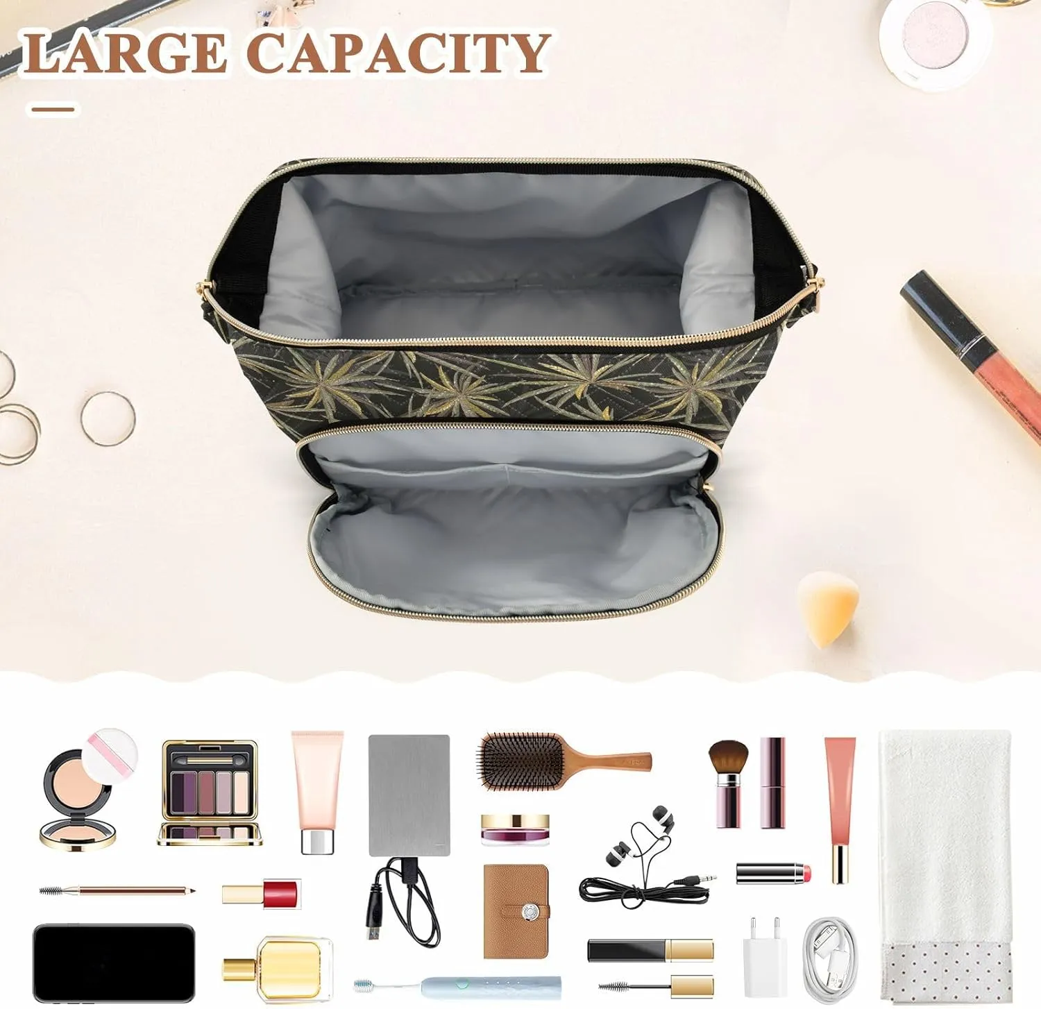 Travel Quilted Makeup Bag Toiletry Organizer Pouch Storage Make Up Bag Large Quilted Cosmetic Bag Wide Open T1