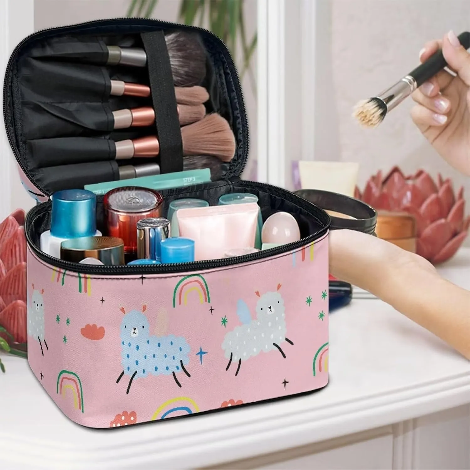 Uasibuni Alpaca Rainbow Makeup Bag Cosmetic Zipper Pouch for Make Up Travel Cosmetic Organizer Case for Women