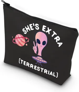 VAMSII Alien Makeup Bag She's Extra Terrestrial Cosmetic Bag Alien Gifts for Women Alien Lover Gifts Zipper Pouch(BLK-TERRESTRIAL